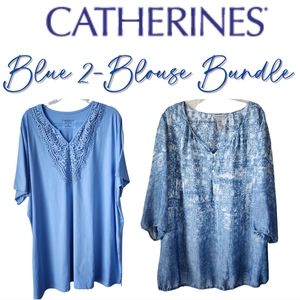 CATHERINE'S Blue 2- Blouse Bundle - Boho Popover - Easy Fit Tunic Tee
